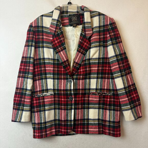 Vtg 90s EXPRESS Women Medium Wool Blend Red Ivory Tartan Plaid Jacket Blazer - Picture 1 of 3